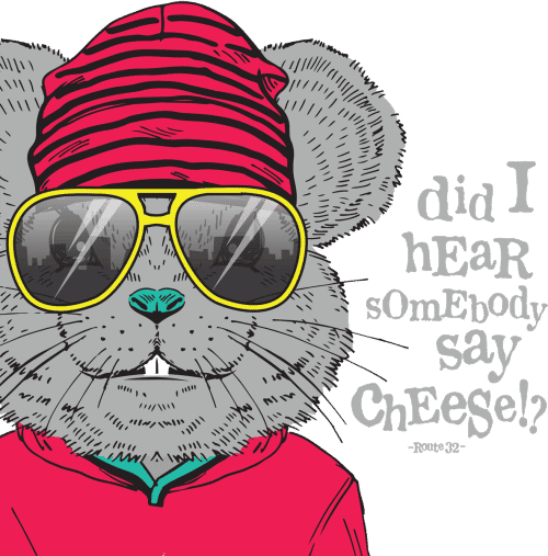 Route 32 Dental animated character mouse wearing hot pink colored sweatshirt, hot pink with black stripes hat and big bright yellow sunglasses with the phrase: did I hear somebody say cheese!?